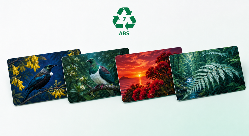 Full-colour recycled ABS cards featuring native New Zealand birds and plants beside the 7 ABS recycling symbol