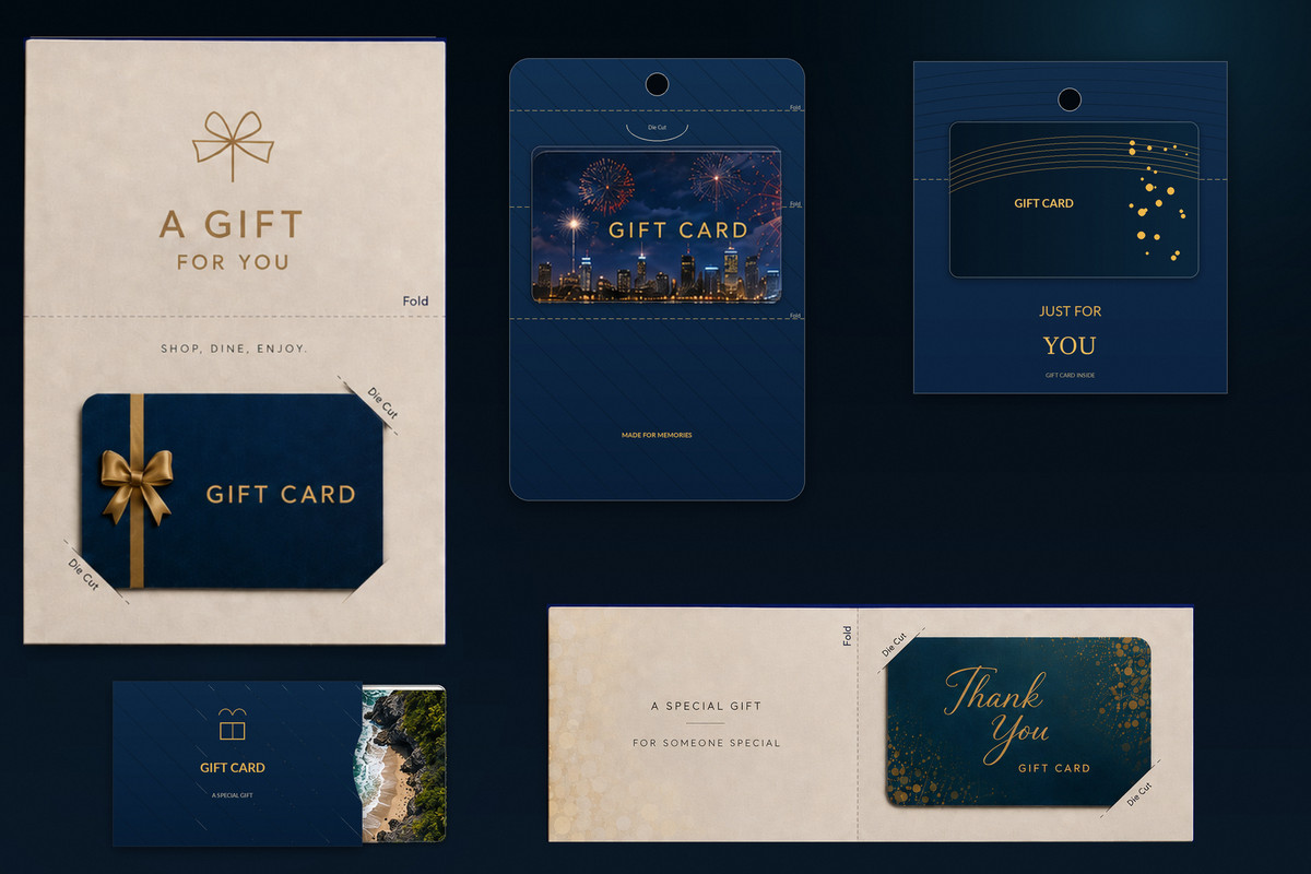 Gift card carriers and sleeves showing card fit, folds, cut lines and presentation formats