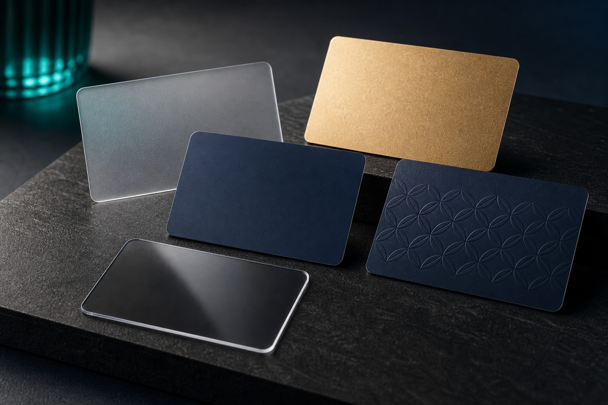 Gloss, matte, clear, frosted, metallic-effect and embossed plastic card samples