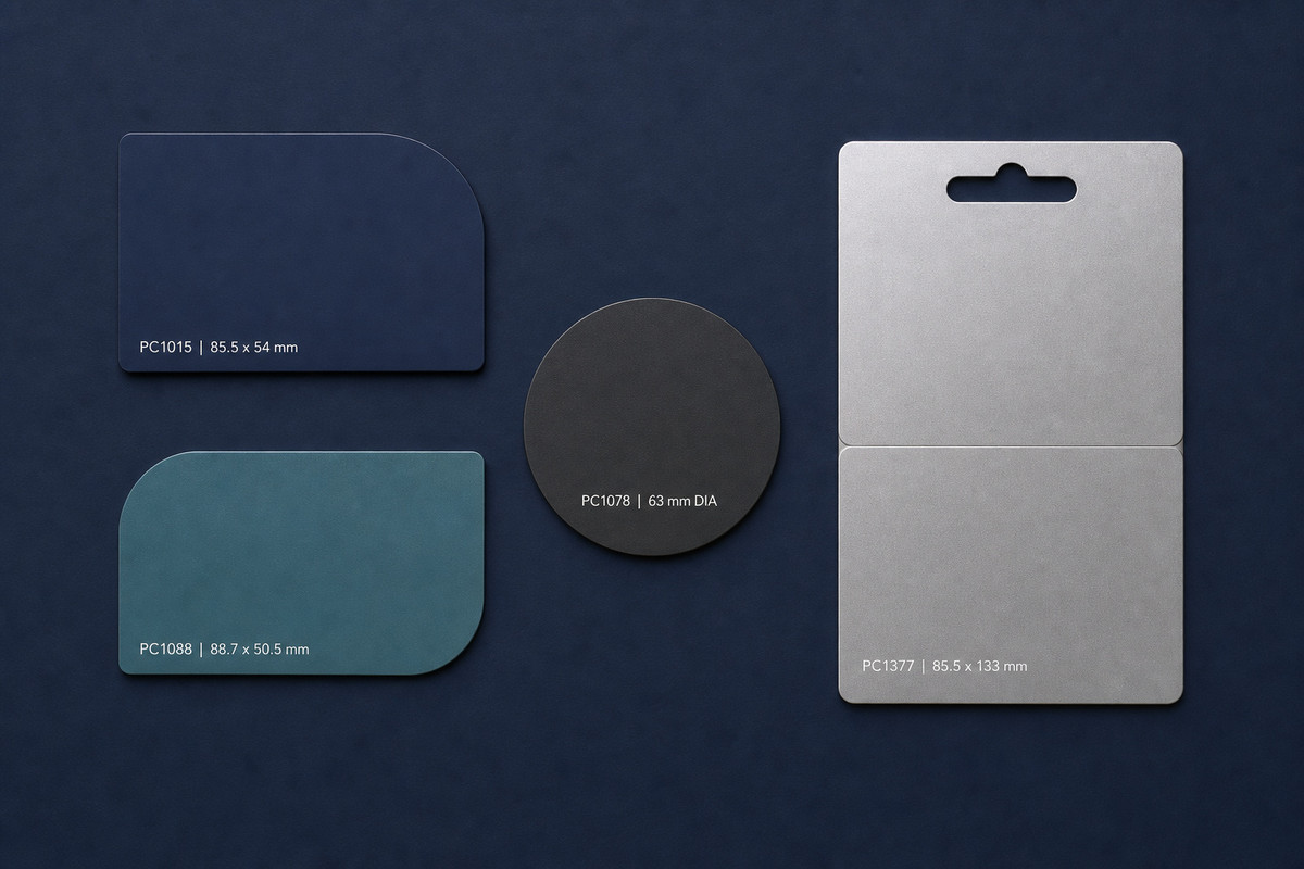 Four unbranded plastic card die shapes labelled with their production codes and dimensions