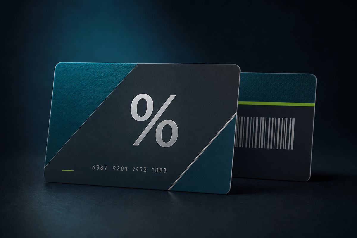 Two non-branded plastic discount cards with a percent symbol and illustrative barcode