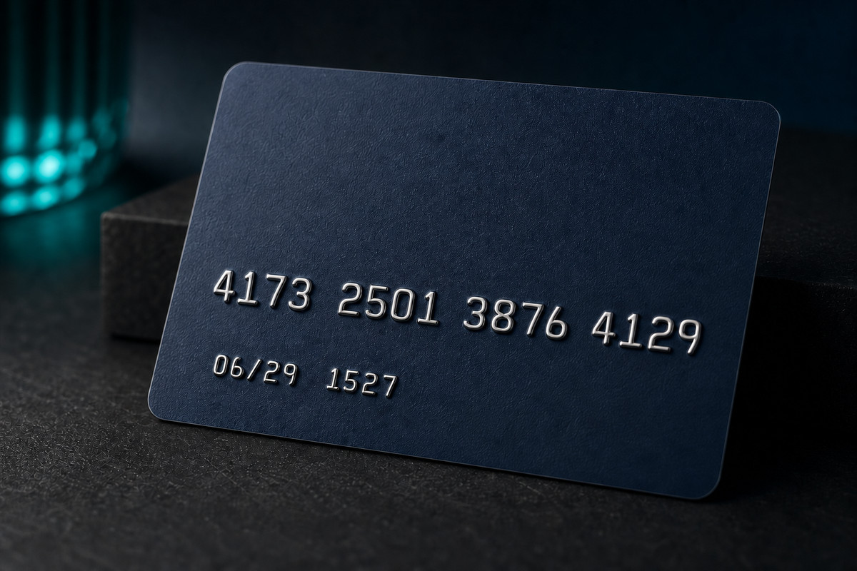 Unbranded navy plastic card with raised silver-tipped embossed numbers