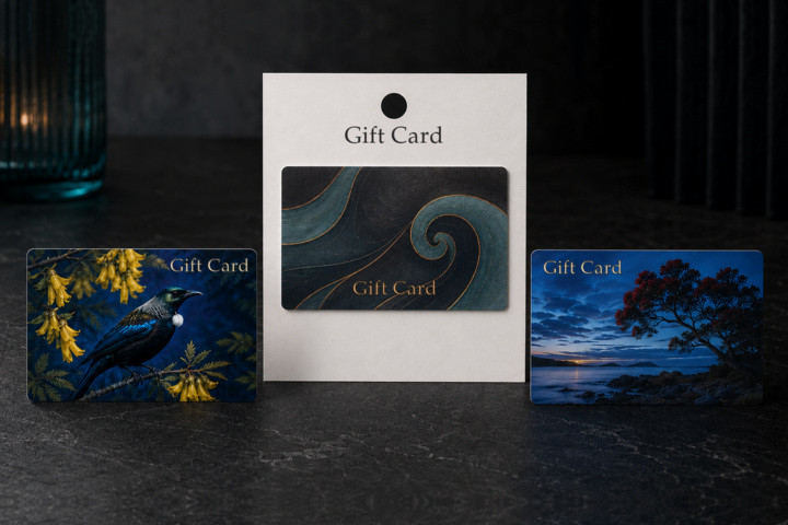 Three New Zealand-inspired plastic gift cards with native bird, kōwhai and coastal artwork, including one displayed in a white carrier