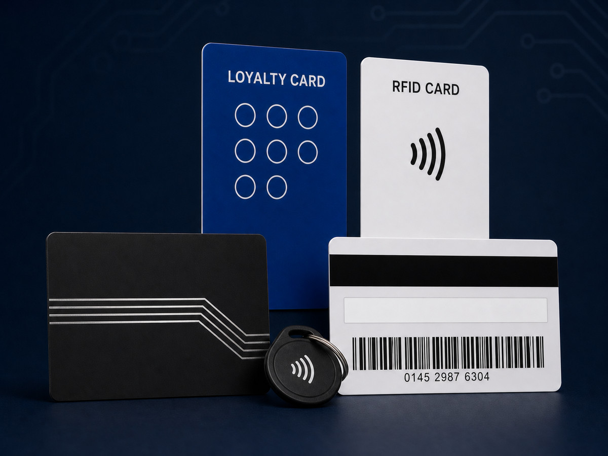 Premium plastic business card, loyalty card, RFID credential, NFC keyfob and card back with magnetic stripe, signature panel and barcode