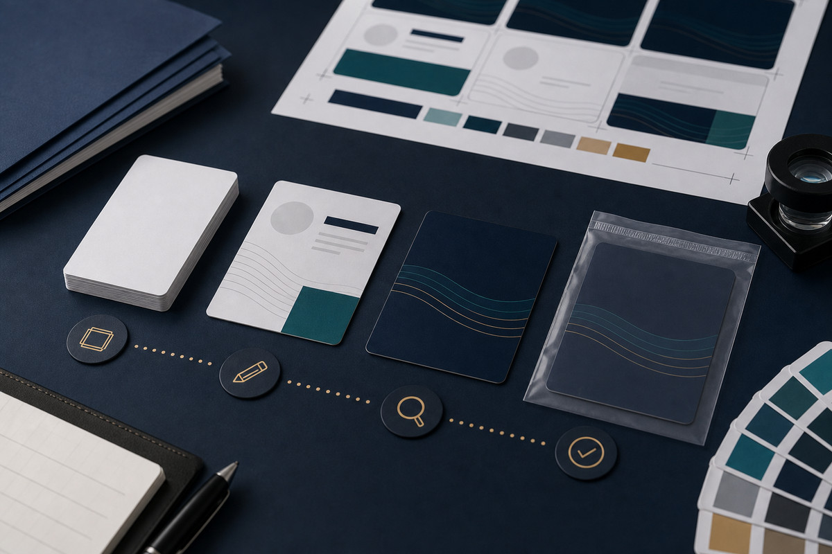Plastic card samples, artwork proofs and production specifications arranged on a desk