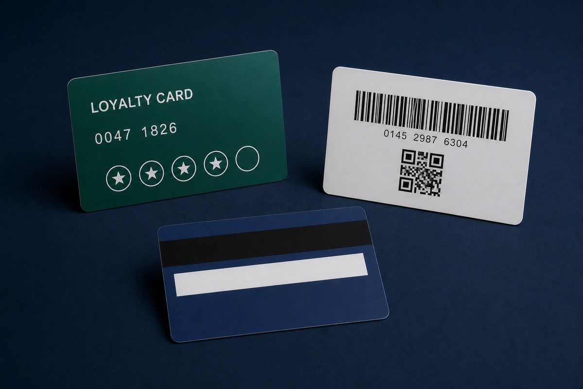 Loyalty cards showing customer number, barcode, QR code and magnetic stripe options