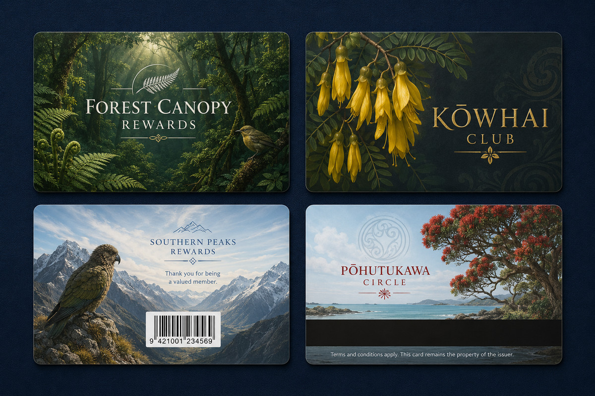 Four New Zealand-inspired loyalty card designs featuring native forest, kōwhai, a kea, mountains and pōhutukawa