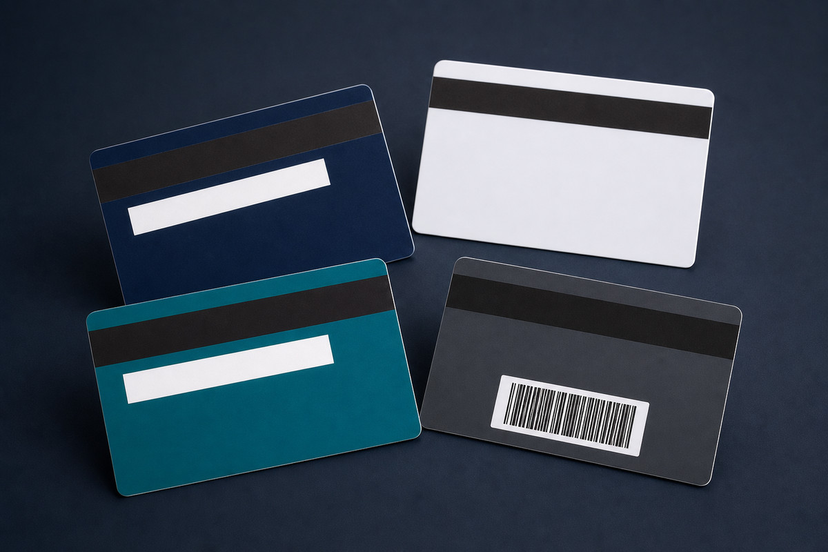 Four CR80 plastic card backs with straight magnetic stripes, signature panels and a barcode