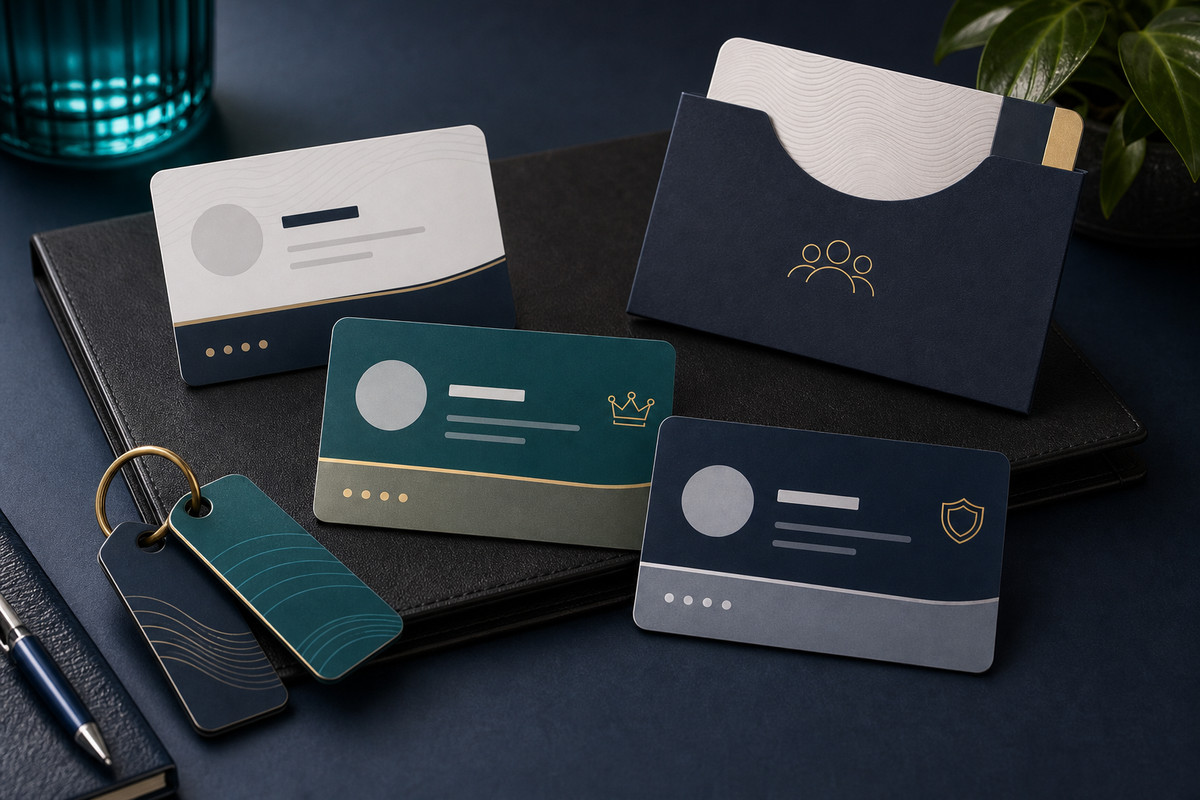 Club membership cards, plastic key tags and card carrier arranged on a desk