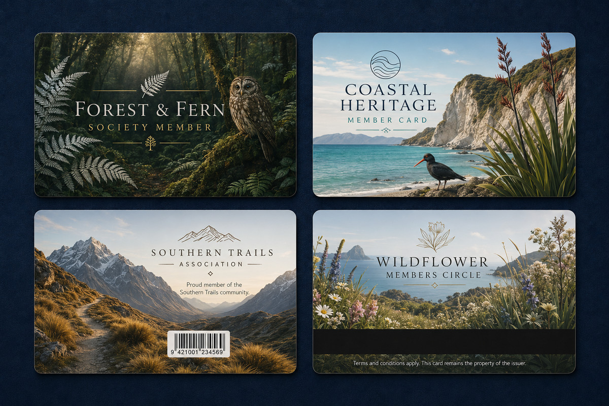 Four New Zealand-inspired membership card designs featuring native forest, birds, coast, mountains and wildflowers
