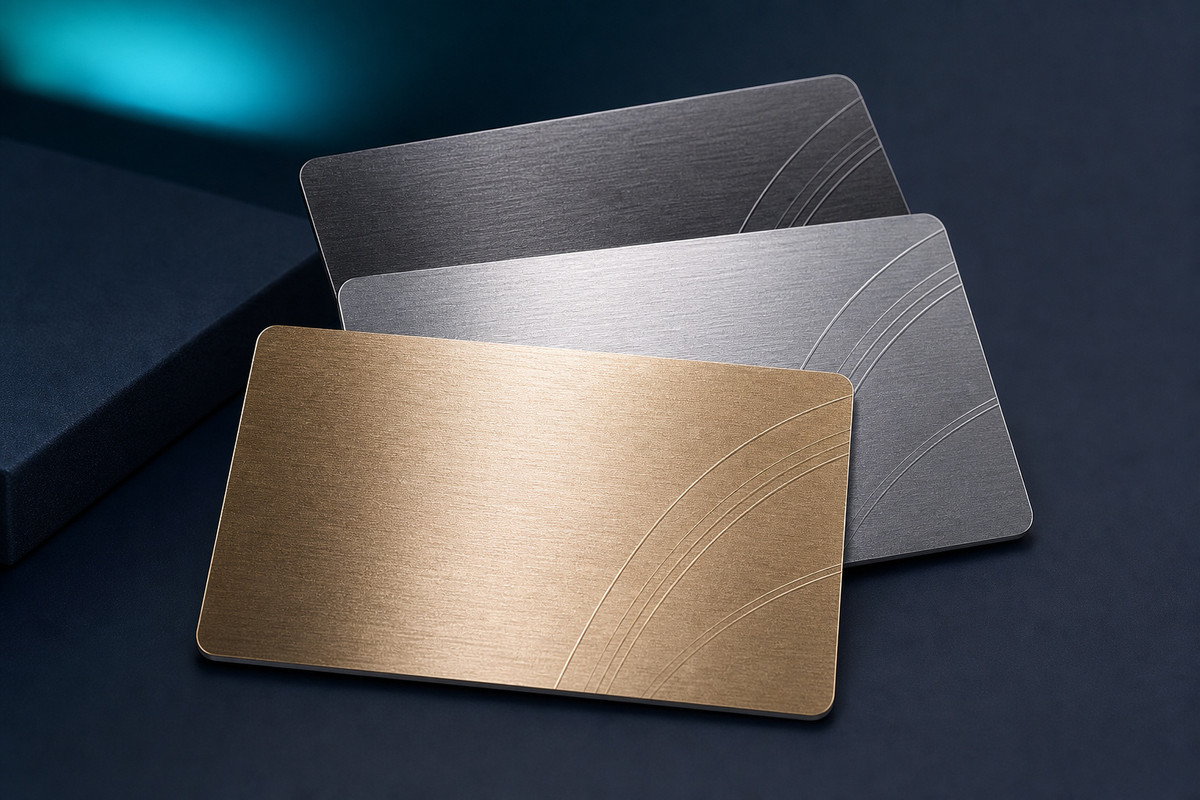 Gold silver and graphite metallic-finish plastic card samples