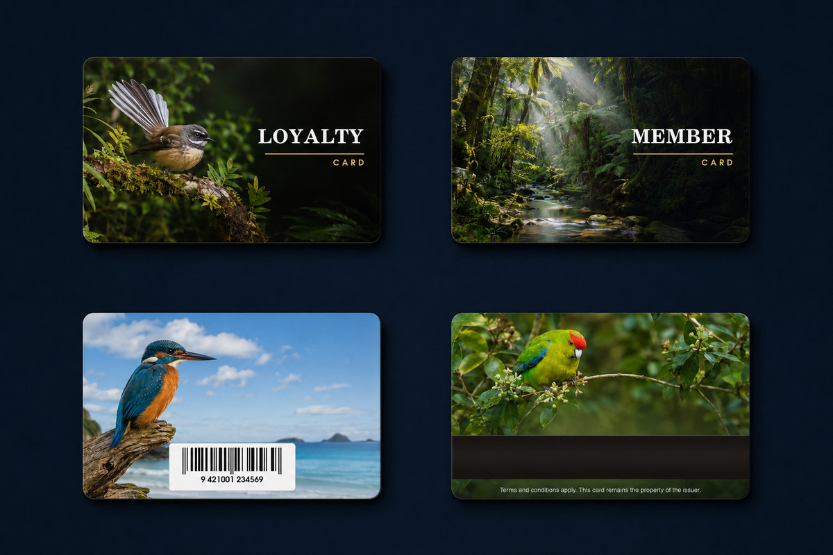 Four New Zealand-inspired plastic card designs featuring native birds, forest and coastal scenery, including front and reverse card examples