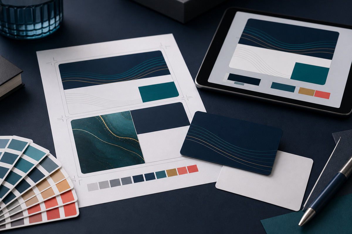 Plastic card artwork, colour swatches and printed design proofs on a desk