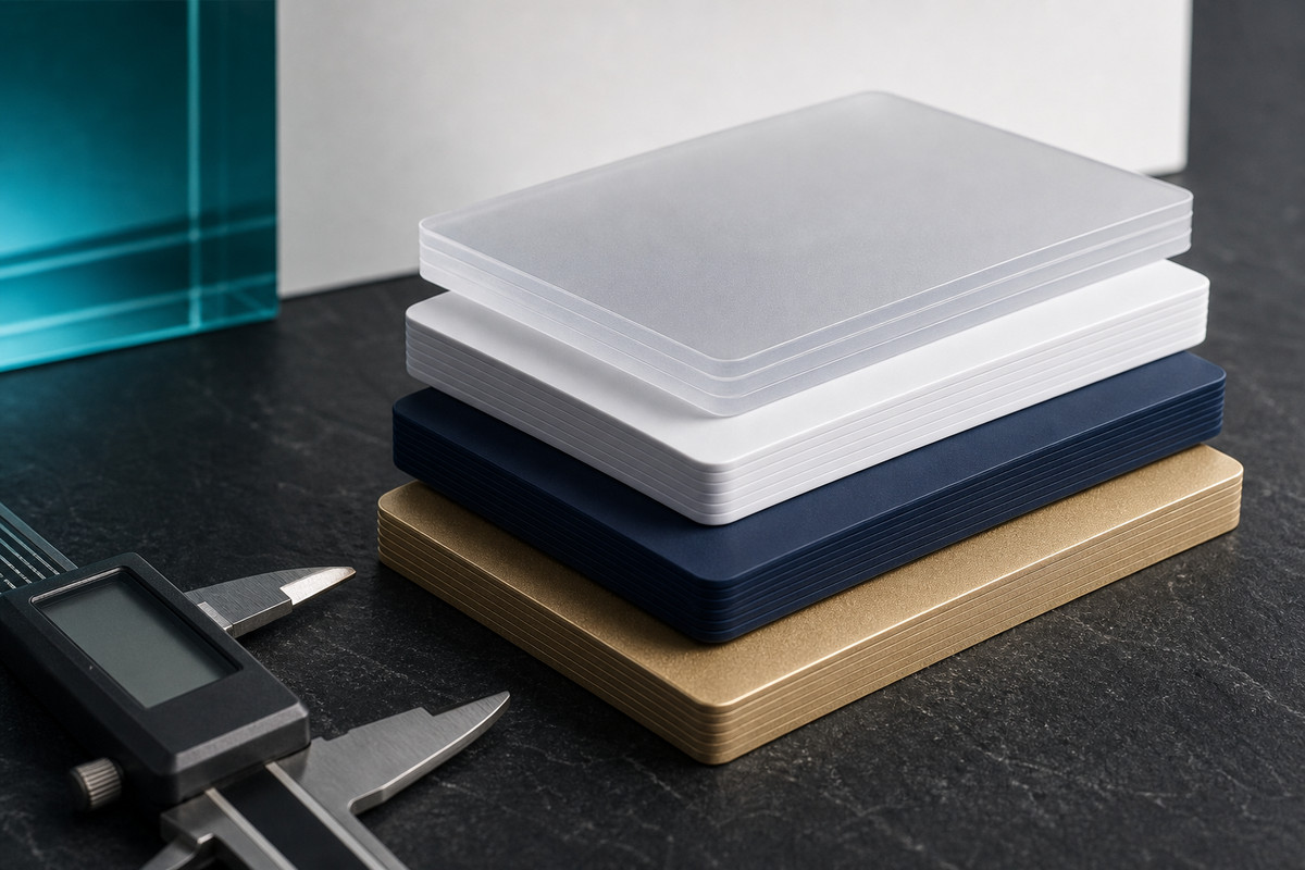 Stack of plastic cards in different thicknesses beside digital calipers
