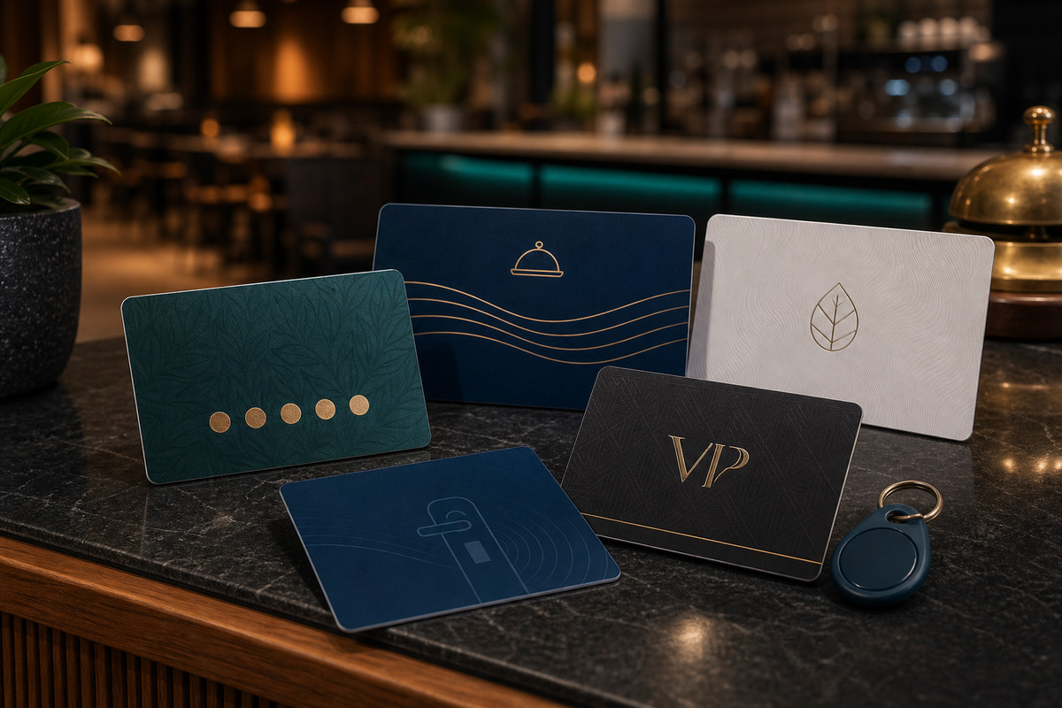 Hotel key, loyalty, gift, VIP, membership and staff card samples displayed on a hospitality counter