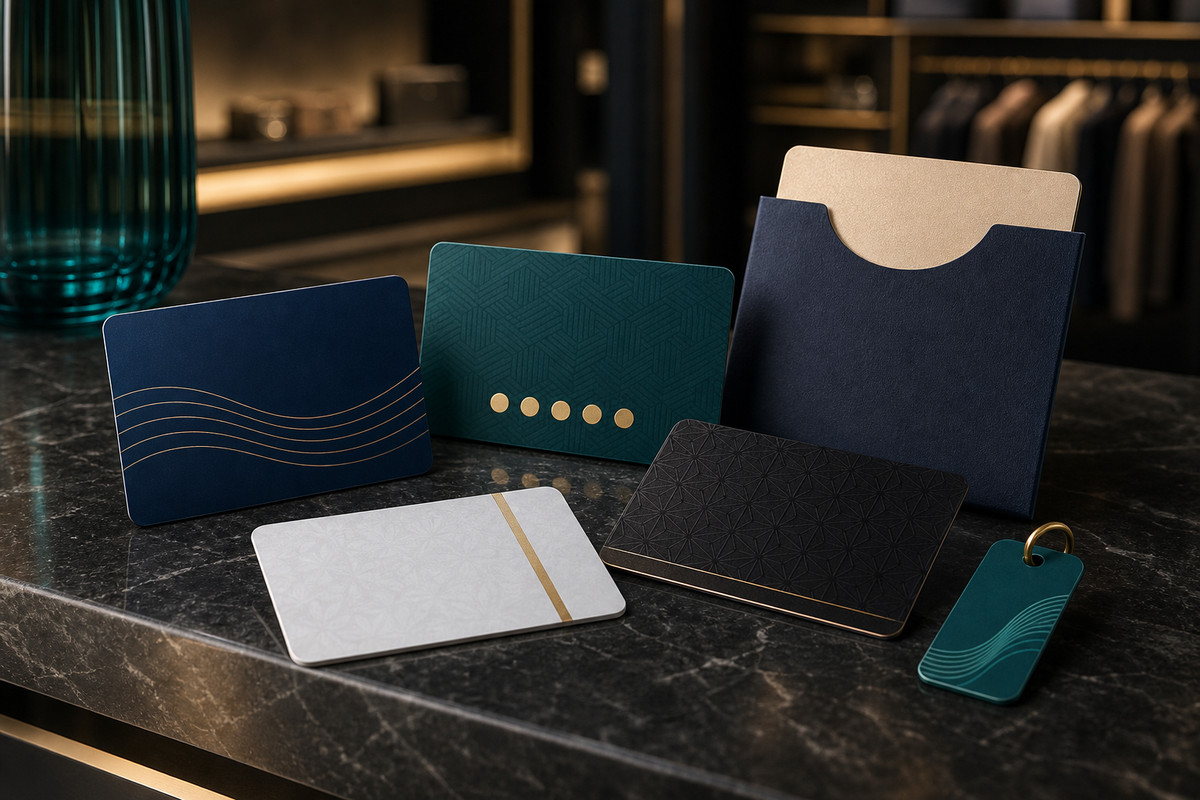 Retail gift, loyalty and VIP card samples with a plastic key tag and card carrier displayed on a counter