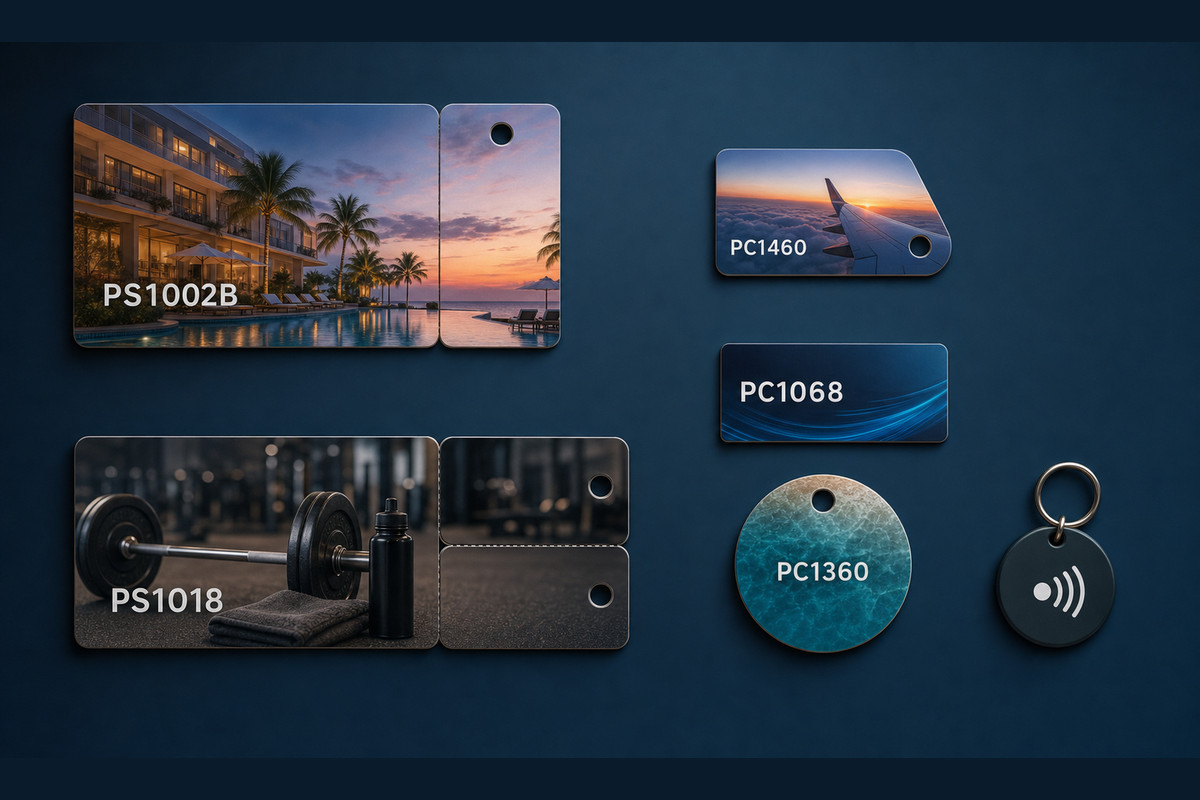Printed plastic key-tag formats based on approved production dies alongside a separate RFID keyfob