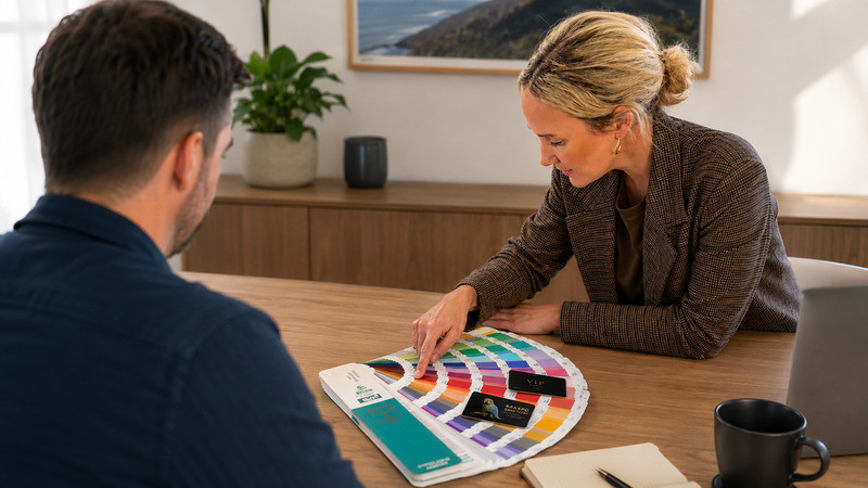 A staff member discussing plastic card colours with a customer using printed samples and a Pantone swatch