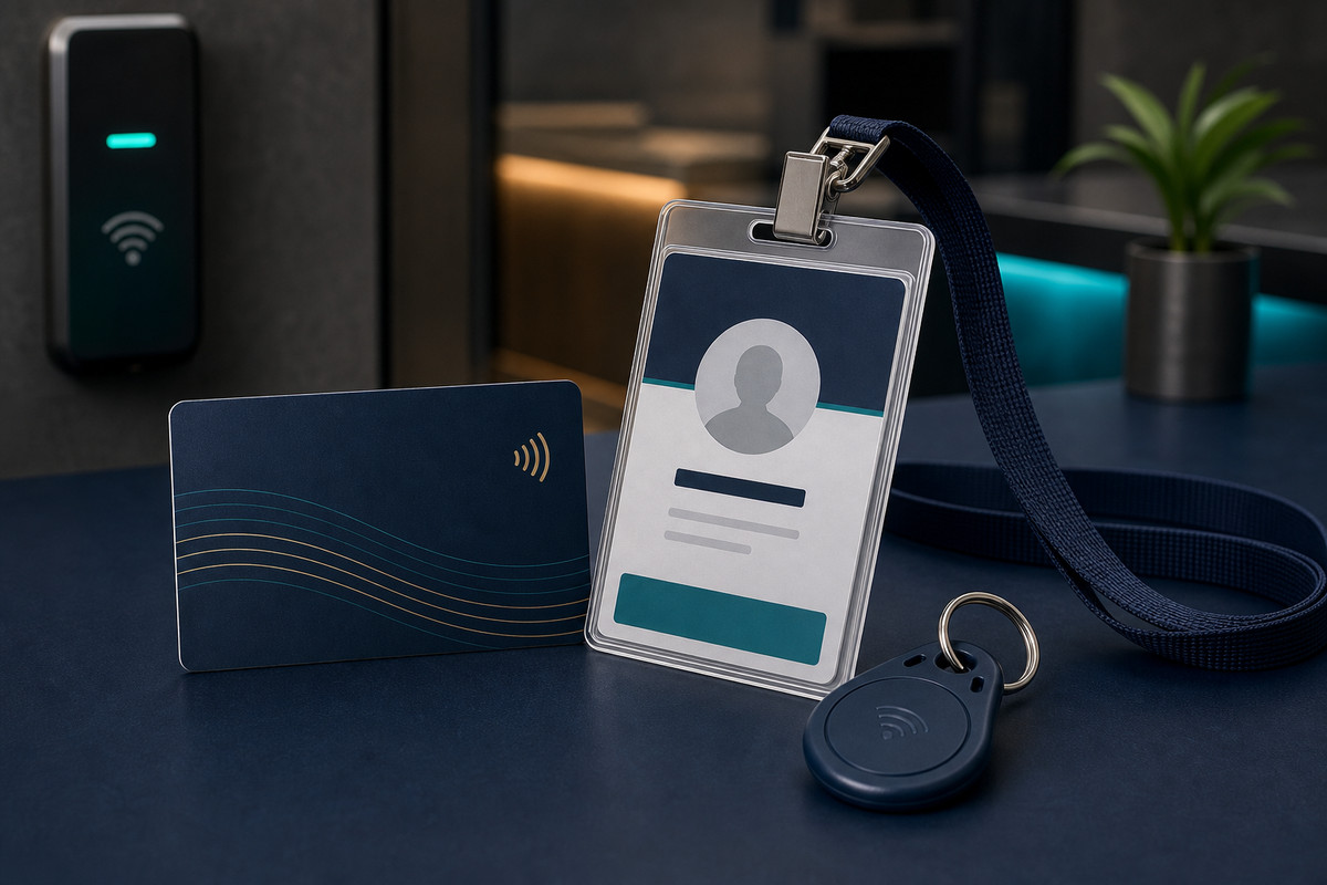Staff photo ID card, RFID access card and keyfob beside a workplace access reader