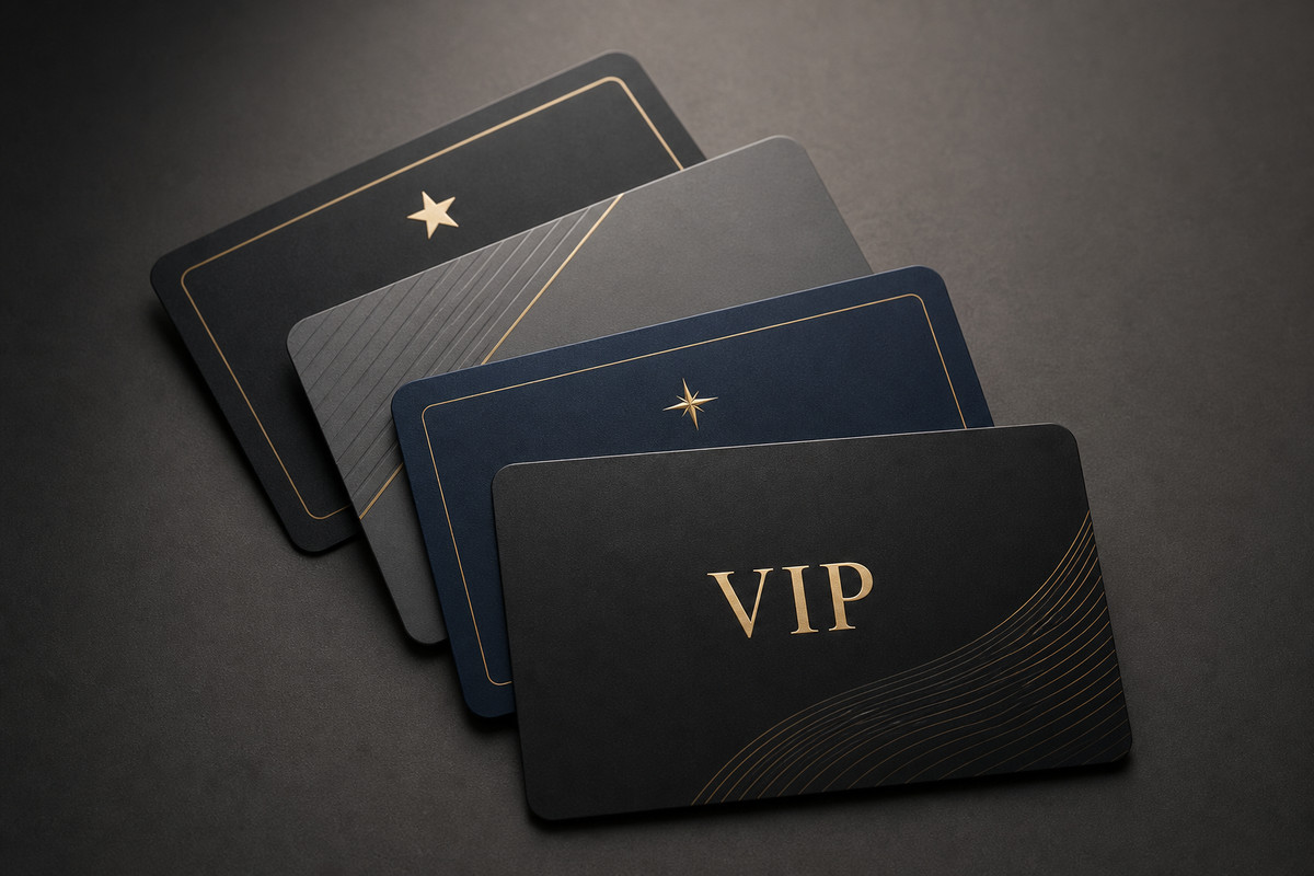 Four unbranded premium plastic VIP and status cards in black, navy and graphite finishes
